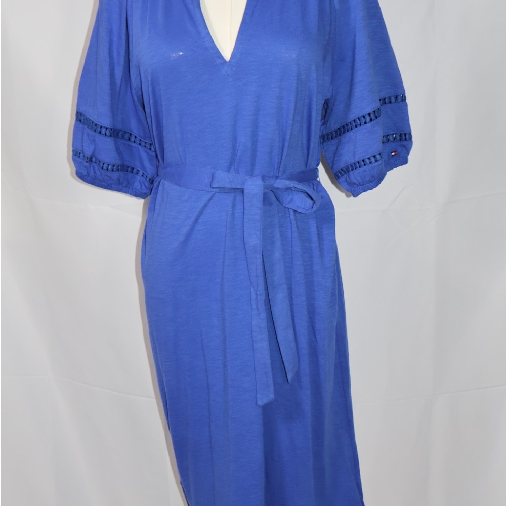 Tommy Hilfiger Blue Midi Dress with V-Neck and Bishop Sleeves